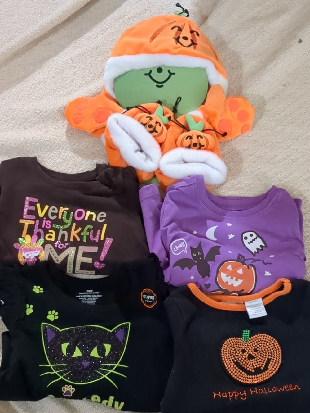 Halloween And Thanksgiving Shirts, Pumpkin Hat Booties And Mittens sz. 18 Months
